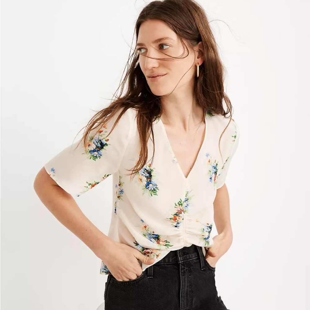 Madewell Silk Shirred-Front Top in Classic Corsage